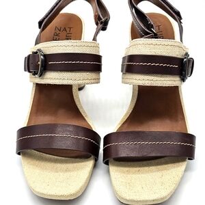 Naturalizer Joyce Leather Natural Cotton Velcro Block Heel Sandals Size 9